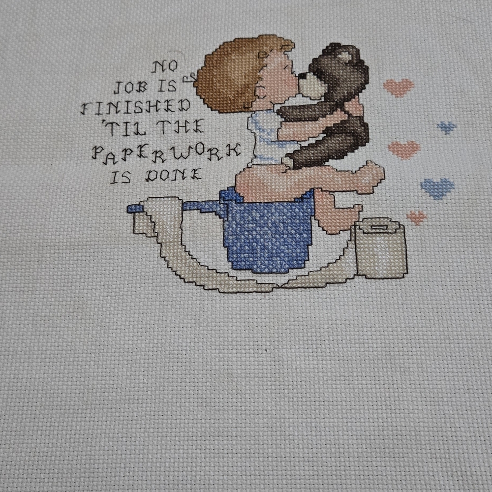 Cute Baby and Bear Cross Stitch Art TEADY TO FRAME